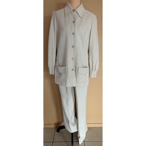 Vintage Kimberly Oatmeal Knit 2 Piece Pant Suit Safari Jacket Wide Leg 70s M